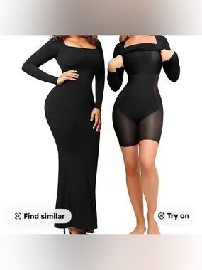 Soo Slick Long Sleeve Square Neck Ribbed Maxi Dress with Built-In Shapewear Sz L